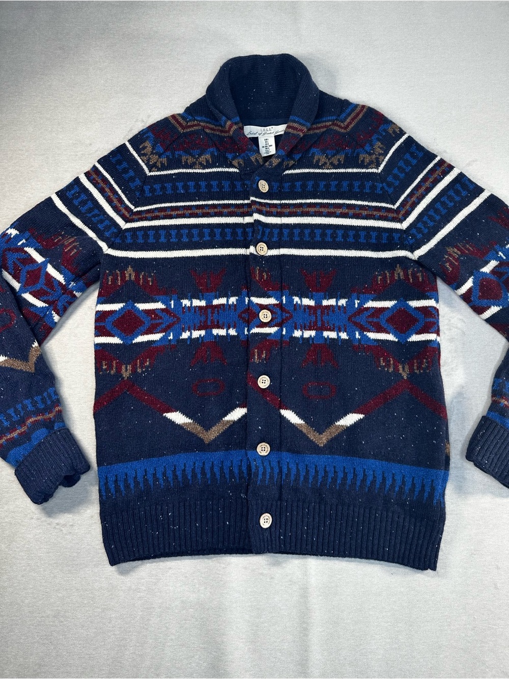 H&M L.O.G.G. Men's Navy Patterned Shawl Aztec Blanket Print Button Sweater